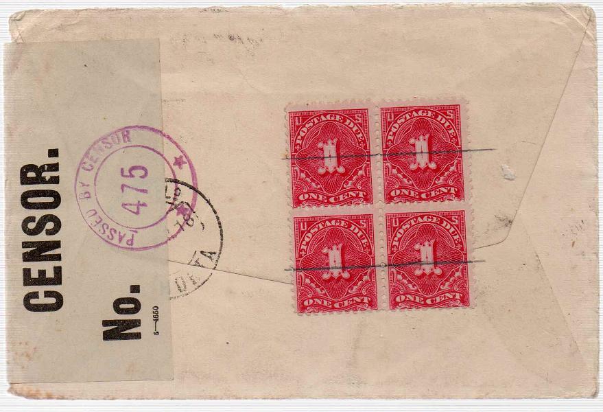 1040 v.jpg -     Lote:    1040 (verso)            Açores       Descrição:         1912/13 &mdash; Ceres. Selos do Continente com sobrecarga AÇORES. CE155, 5C. Sobrescrito circulado de Lages (Flores) para os EUA, com trânsito pela Horta (??.03.18) com selo de 5c aparado + selo de 5c bipartido CE155. Por não se encontrar regulamentarmente os selos, foi porteada com 4c à chegada. Censurada. MB.        Carta       Valor Base:     &euro; 100,00     Valor Venda:     Retirado     